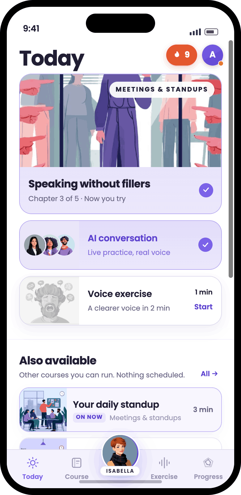 Articulate's Today screen on a phone: three daily tasks, a course chapter from Meetings and standups, an AI conversation and a voice exercise, with other courses listed below.